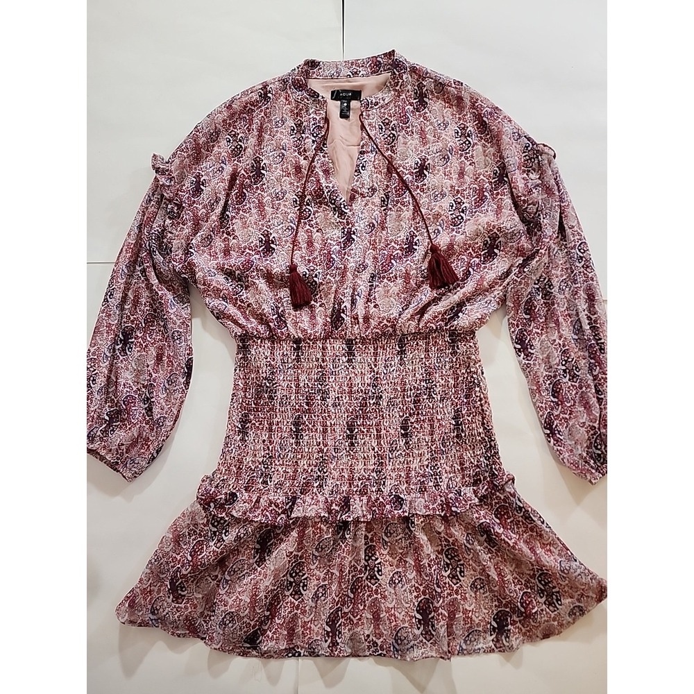 AQUA Dress Smocked Tunic Striped Tasseled‎ Tie Neck Ruffled Long Sleeve Med Pink